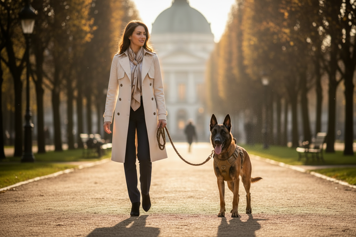 Femme qui promène son chien avec harnais tactique