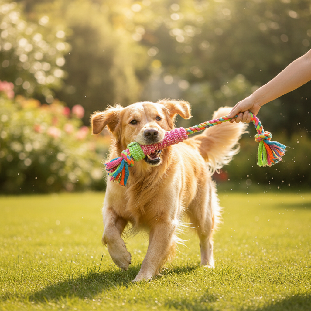 Golden Retriever jouant au tir à la corde avec son maître TitanJouets