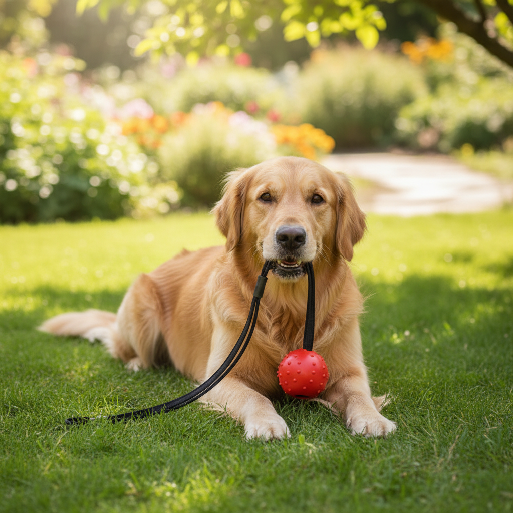 Golden Retriever tenant la balle rouge TitanJouets avec longue corde