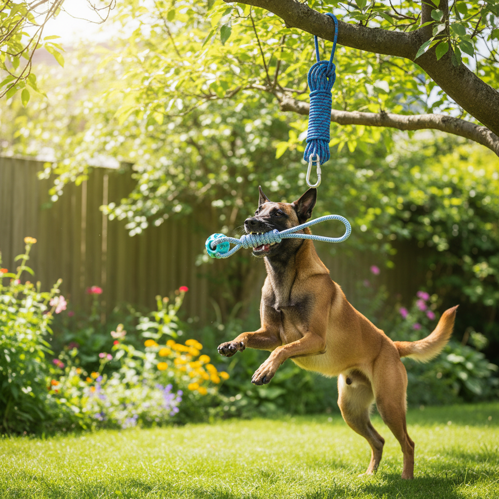 Malinois sautant sur le jouet suspendu TitanJouets