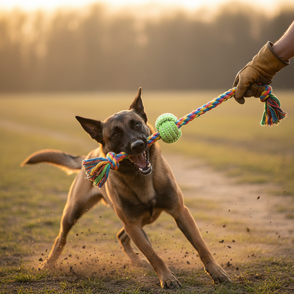 Malinois mordant le jouet en corde TitanJouets en extérieur